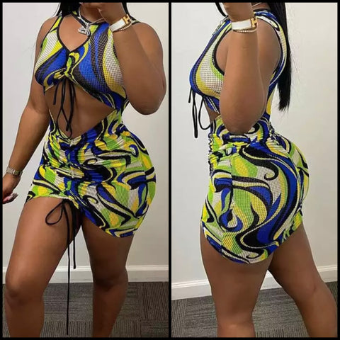 Women Sexy Multicolored Print Sleeveless Drawstring Dress