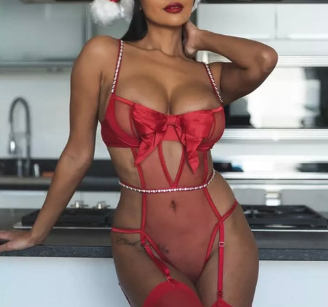 Women Red Sexy Bow Mesh Bling Bodysuit Lingerie