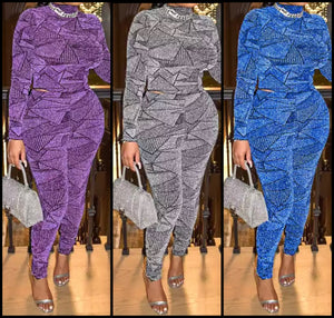 Women Sexy Sparkle Printed Full Sleeve Two Piece Pant Set