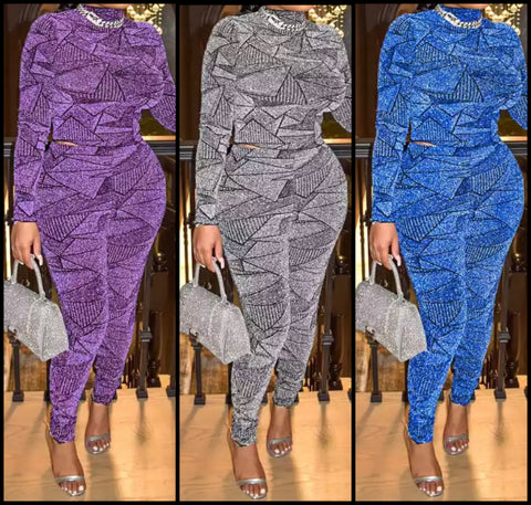 Women Sexy Sparkle Printed Full Sleeve Two Piece Pant Set