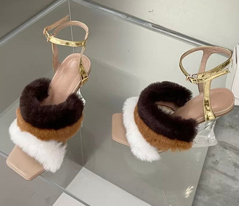 Women Fashion Colorful Faux Fur Clear Heel Sandals