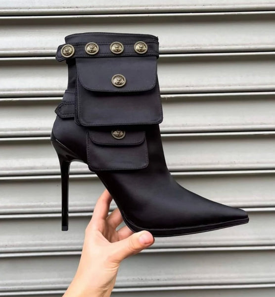 Women Fashion Buckled Pocket High Heel Ankle Boots