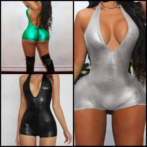 Women Sexy Halter PU Romper