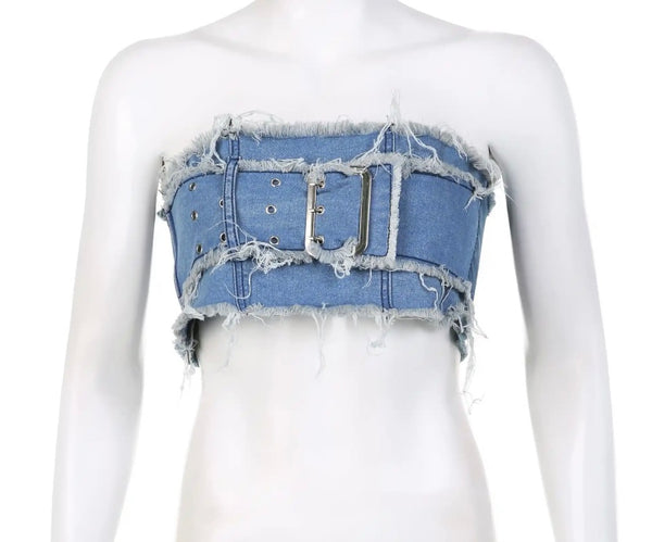 Women Buckled Strapless Color Patchwork Denim Two Piece Skirt Set