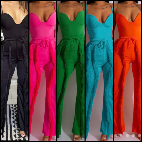 Women Sexy Sleeveless Solid Color Two Piece Tassel Pant Set