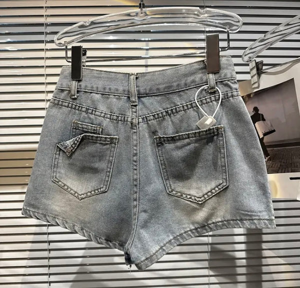 Women Rhinestone Fashion Denim Wrap Shorts