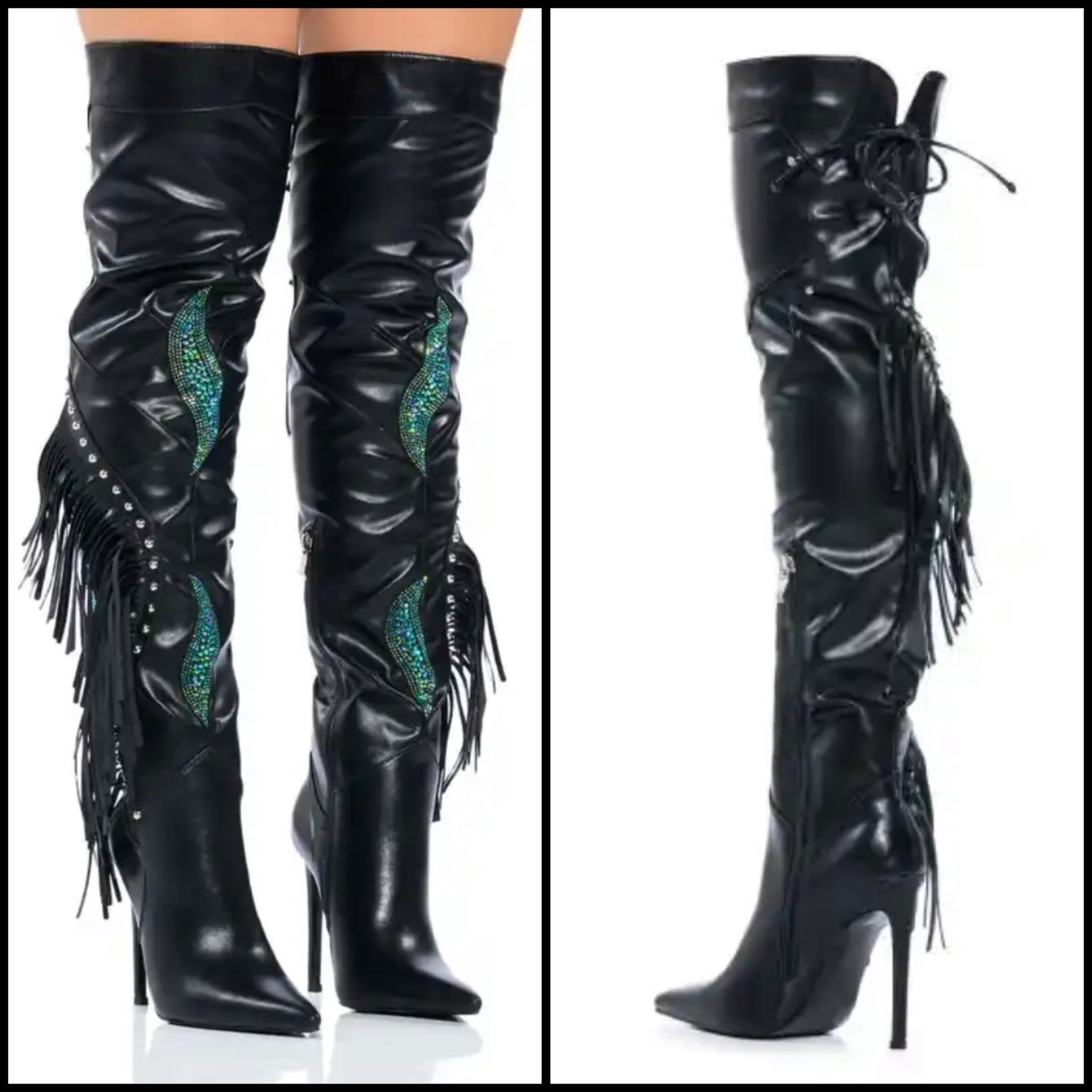 Women Faux Leather Tassel Rhinestone Over The Knee Boots