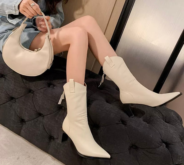 Women Fashion Pointed Toe Genuine Leather Ankle Boots