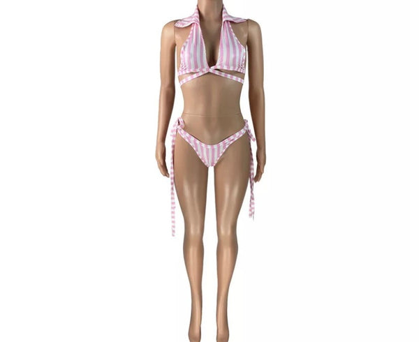 Women Pink & White Striped Bikini Cover Up Set