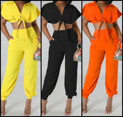 Women Solid Color Ruffled Short Sleeve Two Piece Pant Set