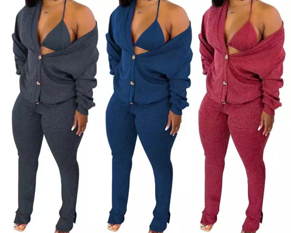 Women Fashion Three Piece Solid Color Pant Set