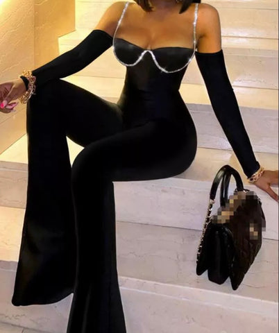 Women Sexy Black Rhinestone Full Sleeve Jumpsuit