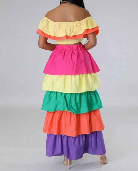 Women Colorful Ruffled Off The Shoulder Two Piece Maxi Skirt Set