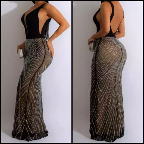 Women Sexy Sleeveless Open Back Bling Mesh Patchwork Maxi Dress