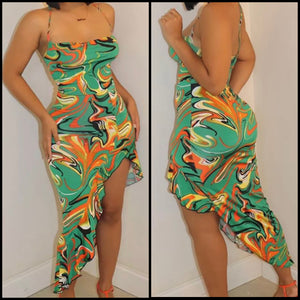 Women Halter Multicolored Print Side Split Dress