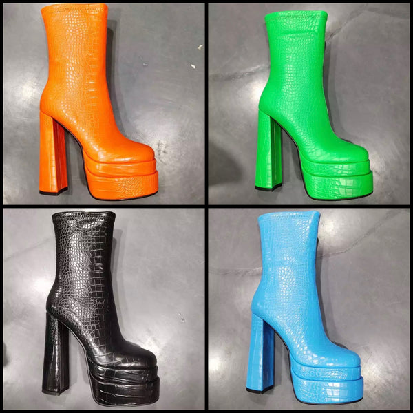 Women Fashion Round Toe Square Heel Boots