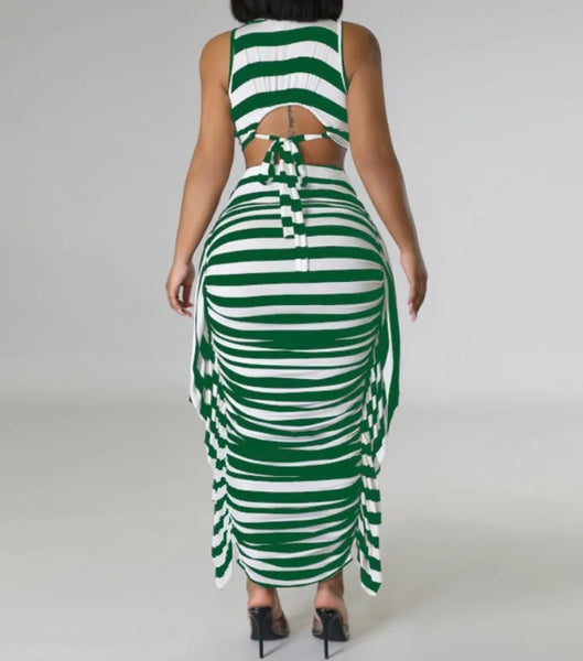 Women Sexy Striped Short Sleeve Crop Two Piece Maxi Skirt Set