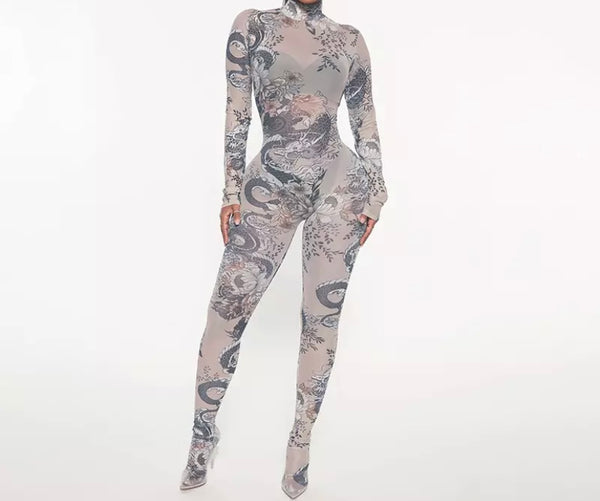 Women Mesh Printed Full Sleeve Feet In Jumpsuit