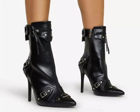 Women Fashion Zipper Buckled Black Ankle Boots