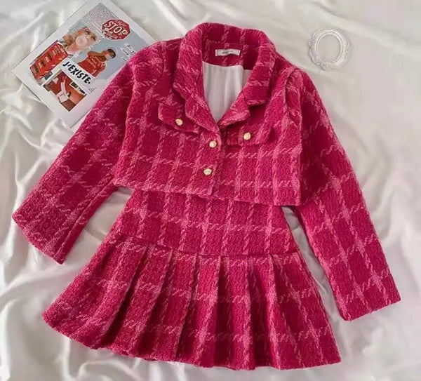 Women Sexy Pink Button Up Blazer Two Piece Skirt Set