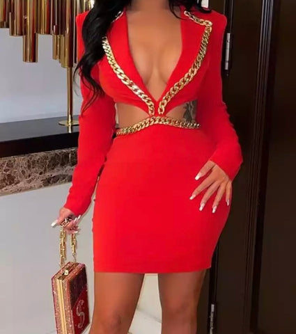 Women Red Sexy Cut Out Chain Full Sleeve Blazer Dress