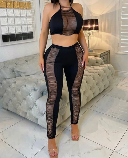 Women Sexy Black Halter Ripped Two Piece Pant Set