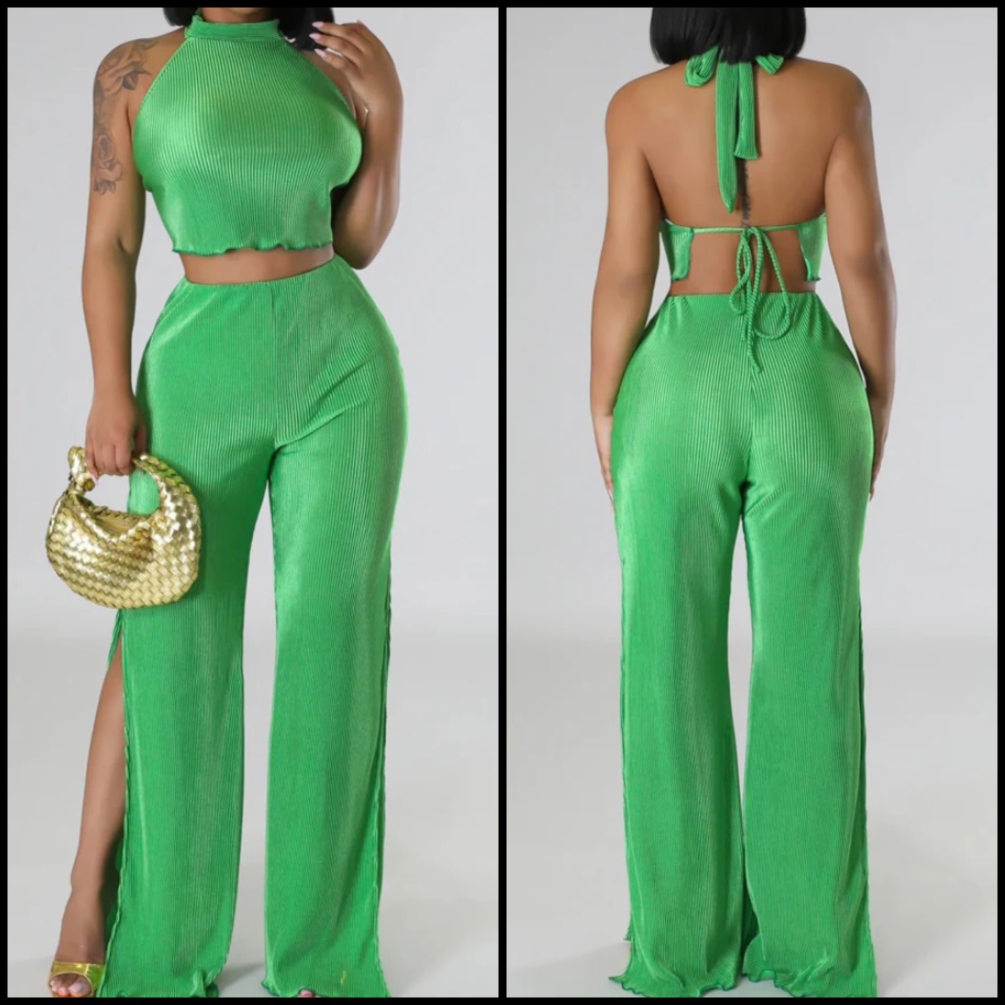 Women Sexy Sleeveless Tie Up Back Two Piece Side Slit Pant Set