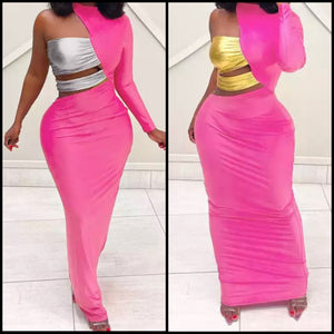 Women Sexy One Shoulder Metallic PU Patchwork Maxi Dress