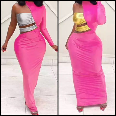 Women Sexy One Shoulder Metallic PU Patchwork Maxi Dress