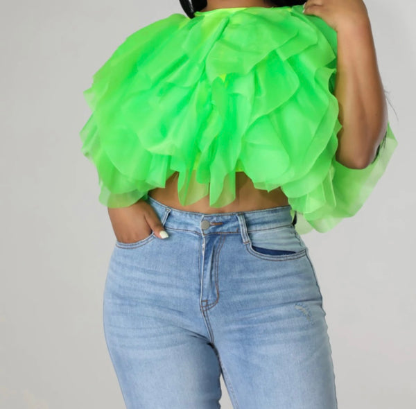 Women Sexy Solid Color Mesh Ruffled Crop Top