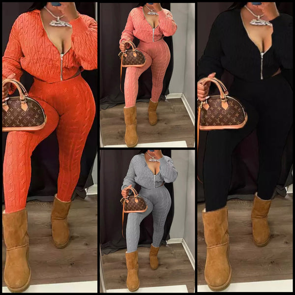 Women Fashion Solid Color Front Zipper Full Sleeve Two Piece Pant Set
