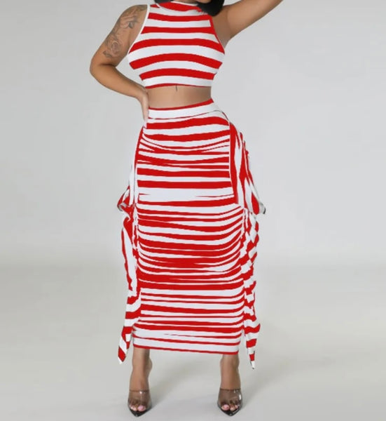 Women Sexy Striped Short Sleeve Crop Two Piece Maxi Skirt Set