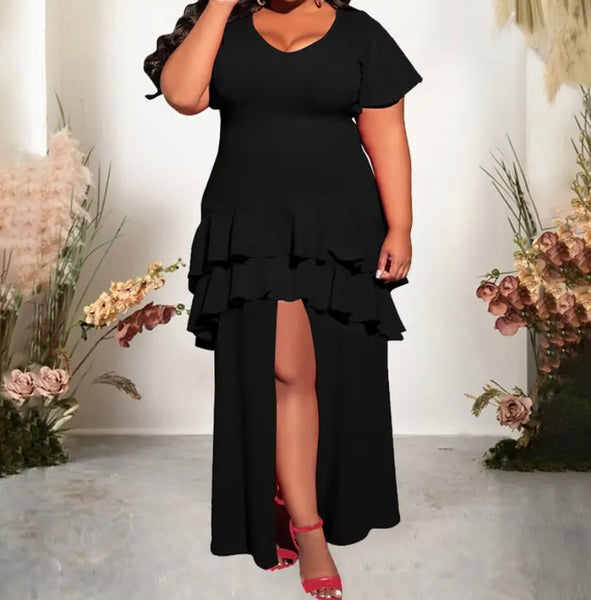 Women Sexy Short Sleeve Front Slit Ruffled Maxi Dress