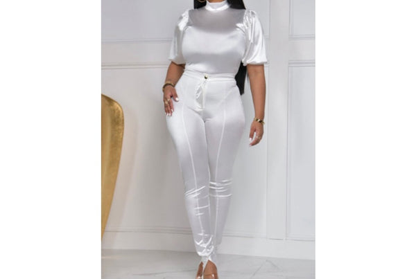 Women Sexy Solid Color Satin Short Sleeve Two Piece Pant Set