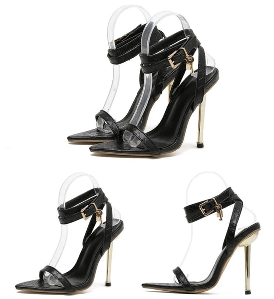 Women Pointed Toe Key Lock Ankle Strap Sandals