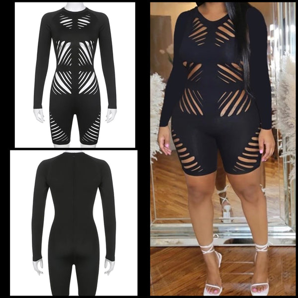Women Sexy Black Hollow Out Long Sleeve Romper