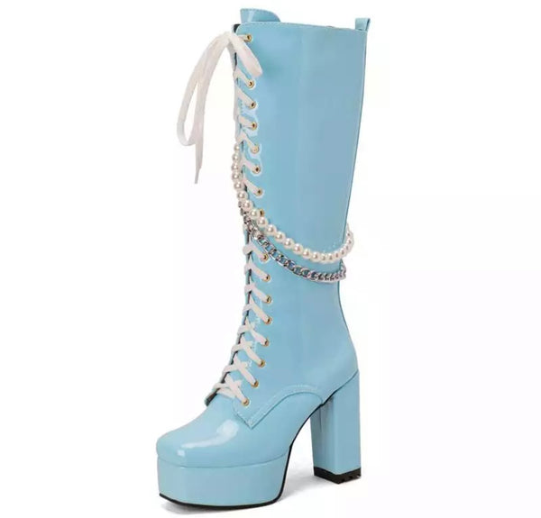 Women Fashion Patent Leather Pearl Chain Knee High Boots