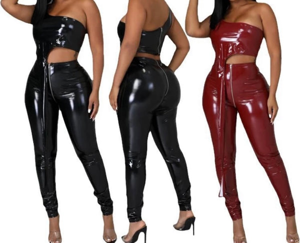 Women Two Piece Sexy PU One Shoulder Fashion Pant Set
