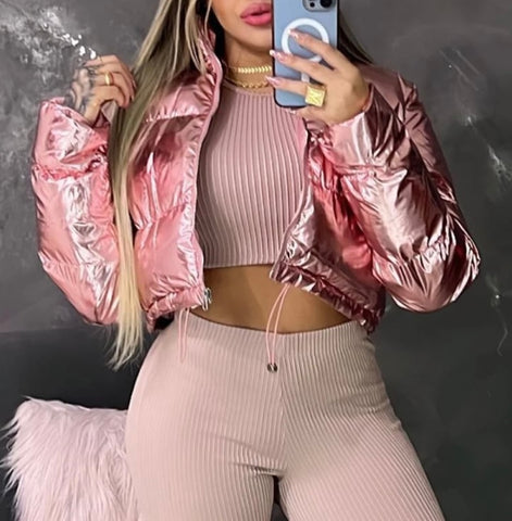 Women Fashion Pink PU Puff Jacket