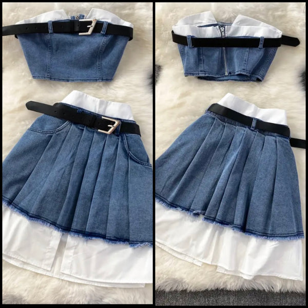 Women Sexy Buckled Strapless Pleated Two Piece Skirt Set