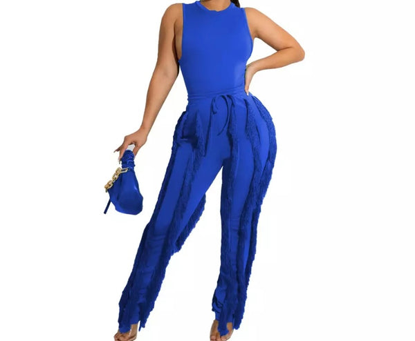 Women Sleeveless Fashion Solid Color Two Piece Fringe Pant Set