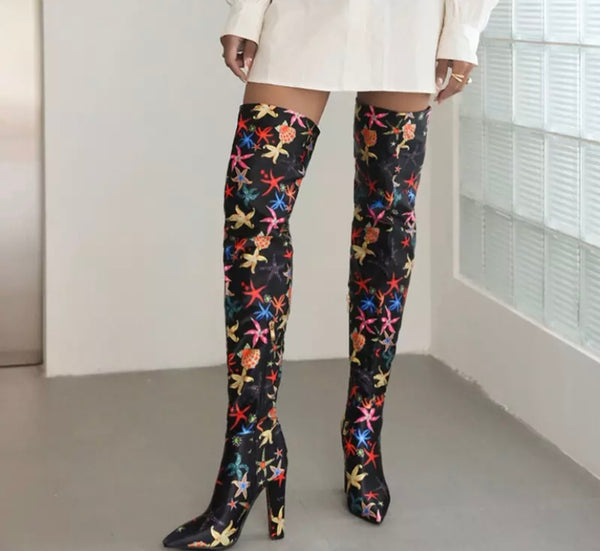 Women Multicolored Print Pointed Toe Fashion Over The Knee Boots