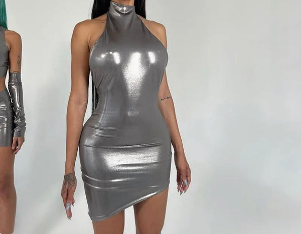 Women PU Sexy Sleeveless Backless Dress