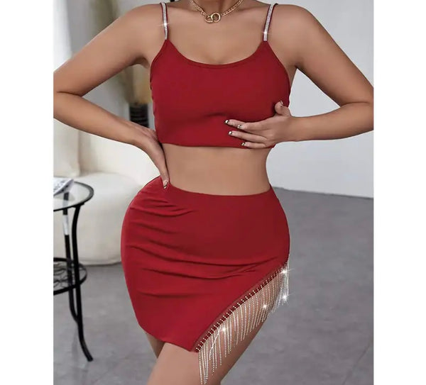 Women Sexy Sleeveless Bling Tassel Crop Two Piece Skirt Set