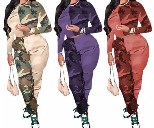 Women Fashion Color Camouflage Two Piece Pant Set