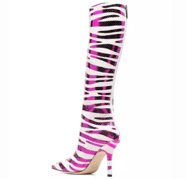 Women Fashion Zebra Print Back Zipper Knee High Boots