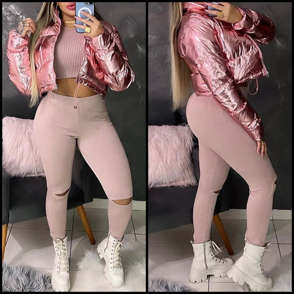 Women Fashion Pink PU Puff Jacket