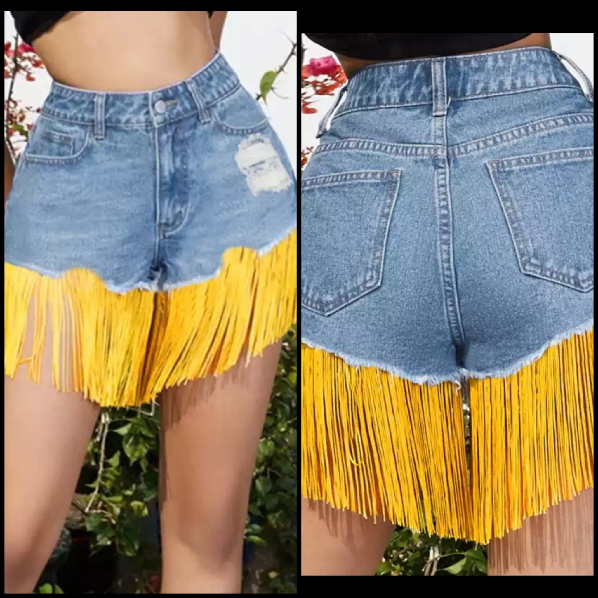 Women Ripped Yellow Tassel Denim Shorts