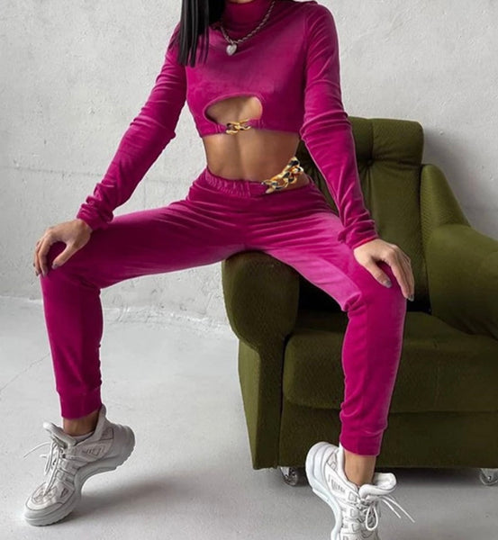 Women Velour Cut Out Chain Two Piece Pant Set