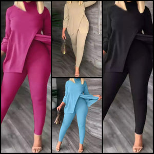 Women Fashion Solid Color Full Sleeve Two Piece Pant Set